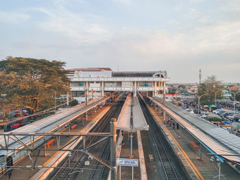 High angle view of railroad station against sky