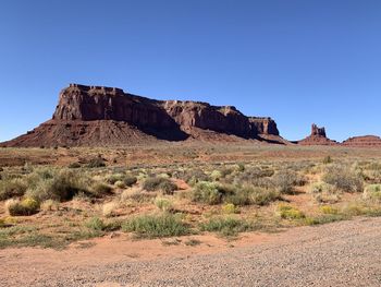 Scenic view of rocky mountains against clear blue sky