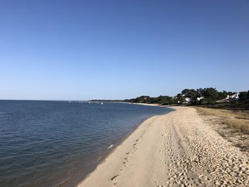 Scenic view of beach against clear blue sky