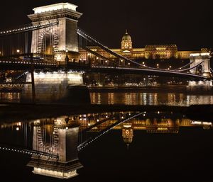 Illuminated bridge over river at night