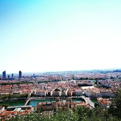 High angle view of cityscape against clear sky