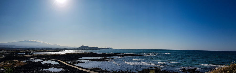 Scenic view of sea against clear blue sky