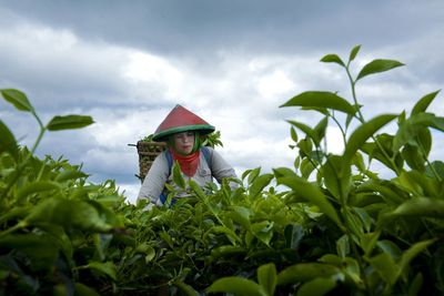 Young woman amidst plants on field against sky