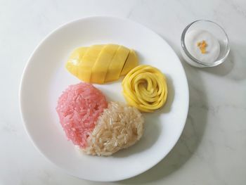High angle view of breakfast served on table