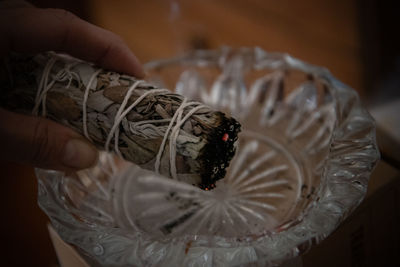 Close-up of hand holding a white sage smudge