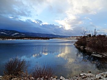 Scenic view of lake against cloudy sky