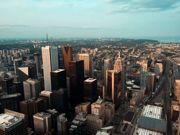 High angle view of buildings in city against sky