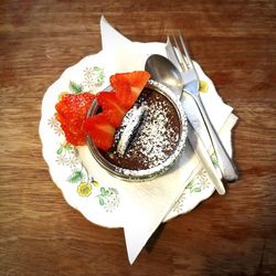 High angle view of cake in plate on table