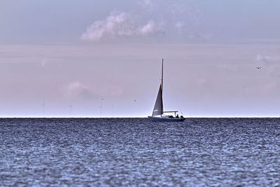 Sailboat sailing on sea against sky