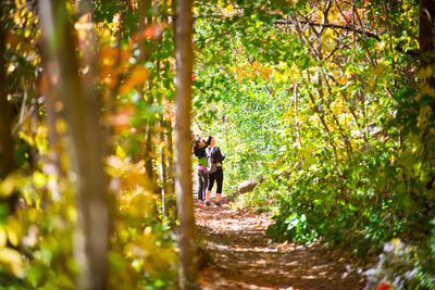 Friends standing on footpath amidst trees on field