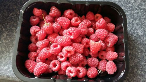 High angle view of strawberries