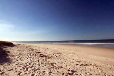 Scenic view of beach against blue sky