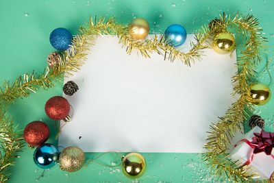 High angle view of christmas decoration on table