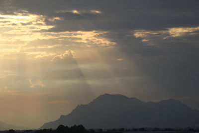 Scenic view of silhouette mountains against sky during sunset