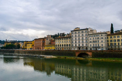 Bridge over river by buildings against sky in city