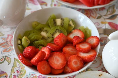 High angle view of fruits in bowl on table