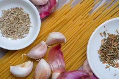 High angle view of food on tablecloth