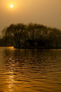 Bare trees against sky during sunset