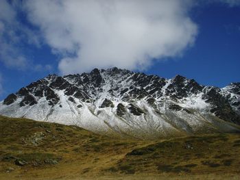 Scenic view of snow covered mountains against sky