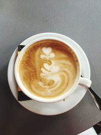 High angle view of cappuccino on table