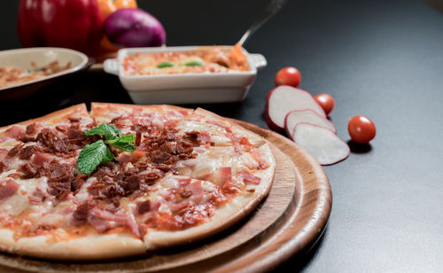 Close-up of pizza served in bowl
