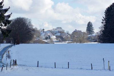 Snow covered landscape against sky