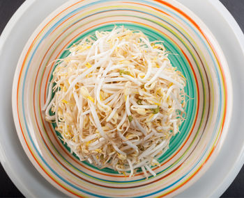 High angle view of noodles in bowl on table