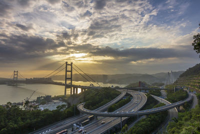 High angle view of bridge against sky during sunset