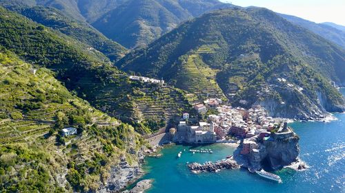 High angle view of sea and mountains