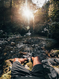 Low section of man standing by rocks in forest