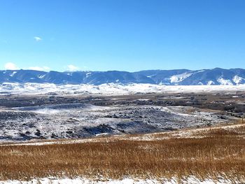 Scenic view of snowcapped mountains against clear blue sky