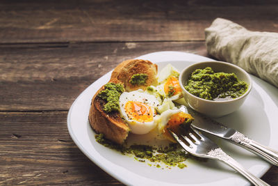 Close-up of breakfast served on table