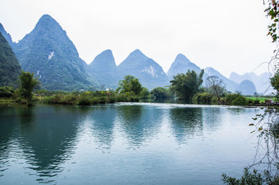 Scenic view of lake and mountains against sky