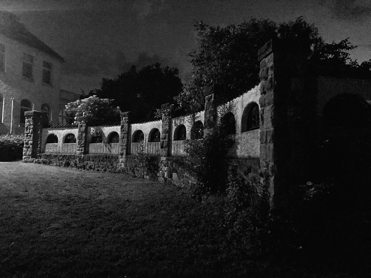 OLD BUILDING BY TREES ON FIELD