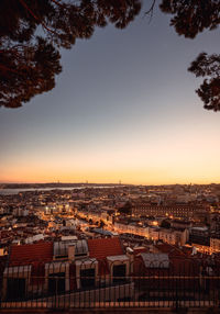 High angle view of townscape against sky during sunset