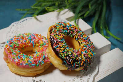 Close-up of sprinkles on donuts