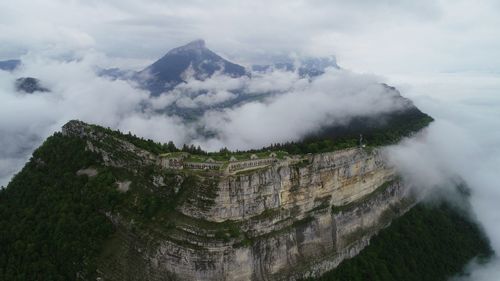 Panoramic view of mountain range against cloudy sky