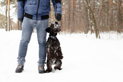 Low section of man with dog standing in snow