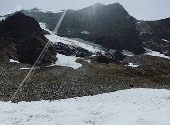 Snow covered land and mountains against sky