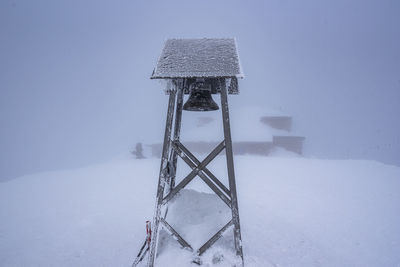 Traditional windmill on snow covered field against sky