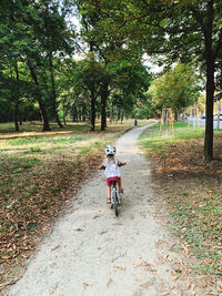 Boy riding bicycle in park