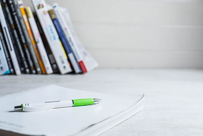 Close-up of colored pencils on table