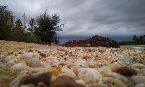 Surface level of stones against sky