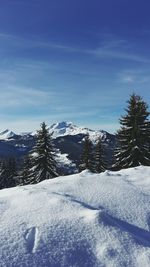 Snow covered landscape against sky