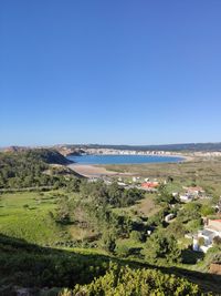 Scenic view of beach against clear blue sky