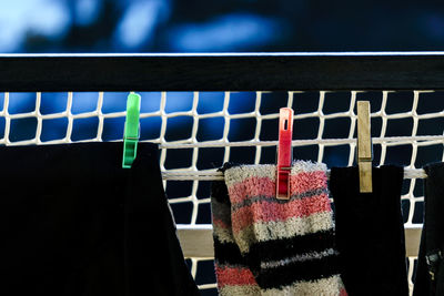 Close-up of clothes drying on clothesline