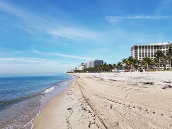 Scenic view of beach against sky in city