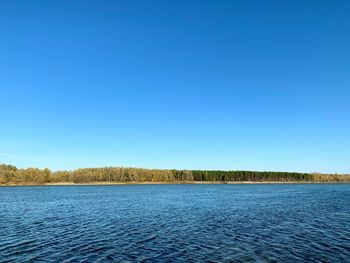 Scenic view of lake against clear blue sky