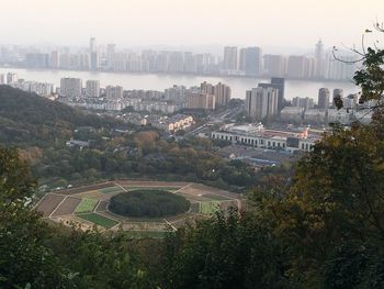 High angle view of trees and buildings in hangzhou 