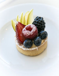 High angle view of fresh dessert served in plate on table